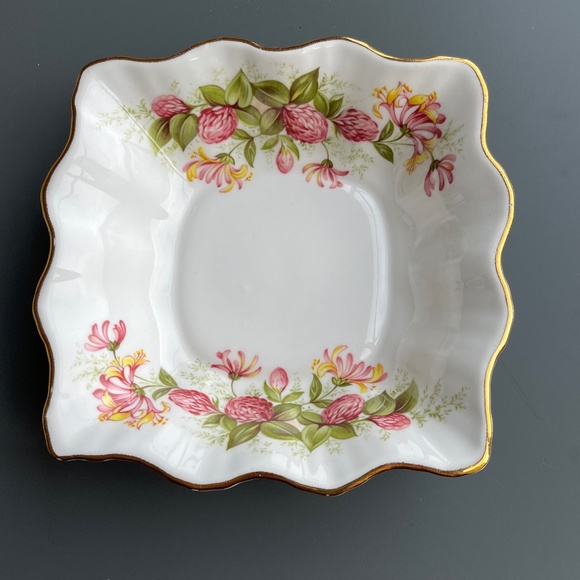 Rosina bone china snack dish, honeysuckle & thistle, gold accents, like new. - Picture 1 of 13